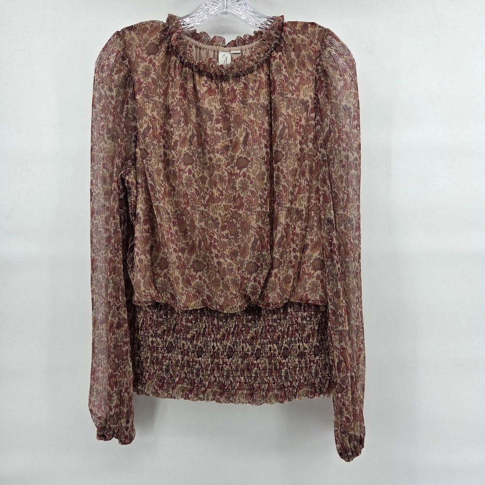 Joie Blouse Medium Brown Floral Metallic Smocked Waist Boho Romantic Cottagecore